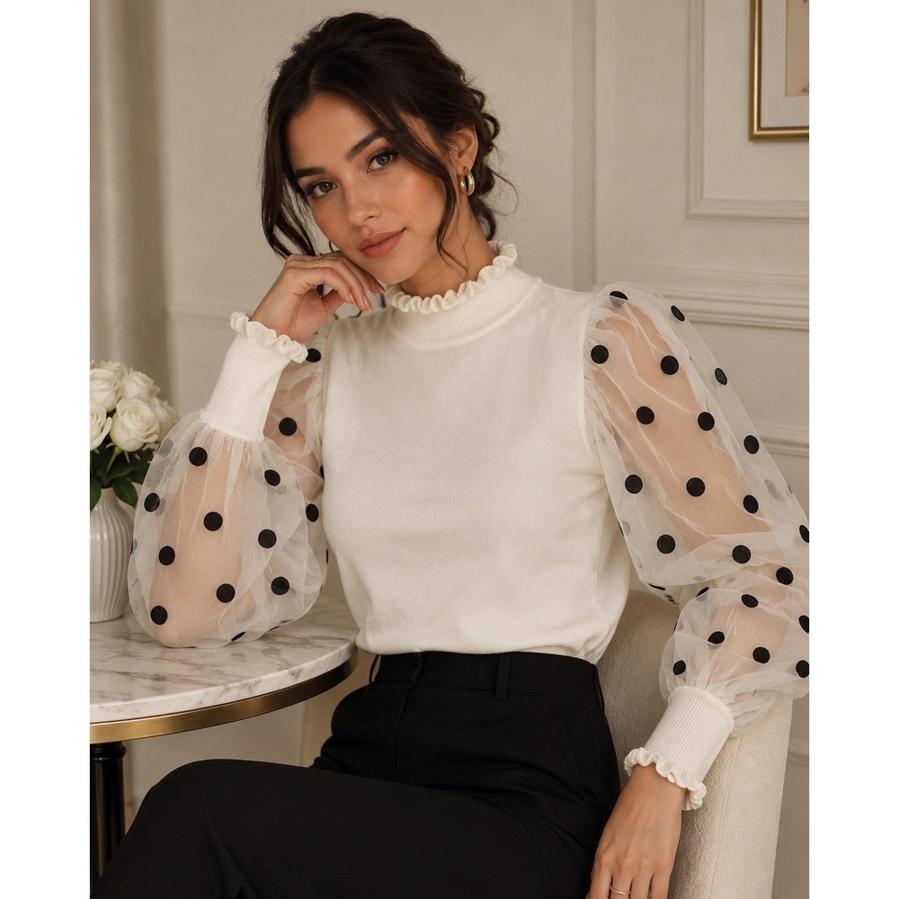 Gracia Knit Top Sheer Bishop Sleeve Polka Dot Feminine Coquette Statement sz S‎